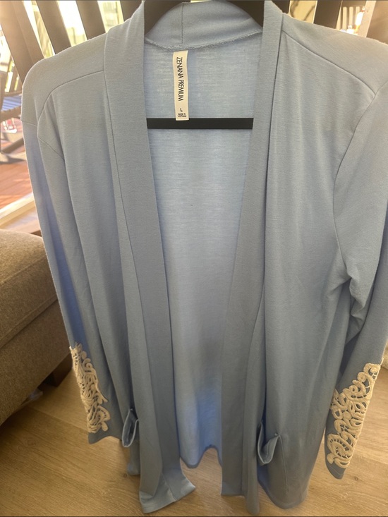 Zenana Outfitters Sweaters - Zenana Outfitters Sky Blue Robe with Cream Lace Cuffs